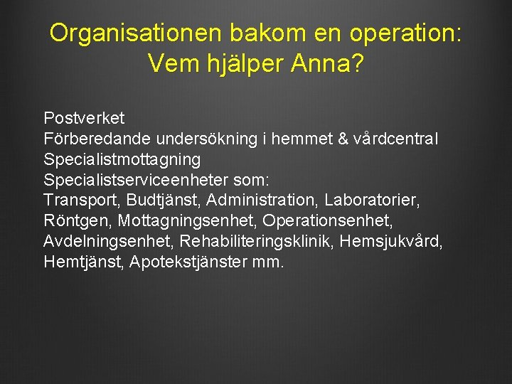 Organisationen bakom en operation: Vem hjälper Anna? Postverket Förberedande undersökning i hemmet & vårdcentral