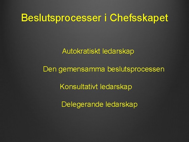 Beslutsprocesser i Chefsskapet Autokratiskt ledarskap Den gemensamma beslutsprocessen Konsultativt ledarskap Delegerande ledarskap 