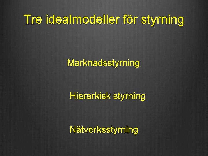 Tre idealmodeller för styrning Marknadsstyrning Hierarkisk styrning Nätverksstyrning 