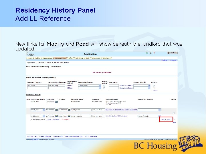 Residency History Panel Add LL Reference New links for Modify and Read will show