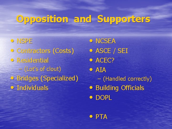 Opposition and Supporters • NSPE • Contractors (Costs) • Residential – (Lot’s of clout)