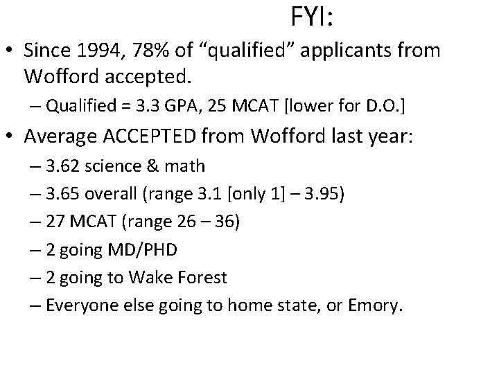 FYI: • Since 1994, 78% of “qualified” applicants from Wofford accepted. – Qualified =