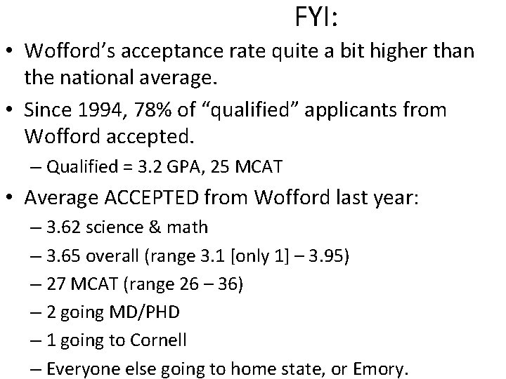 FYI: • Wofford’s acceptance rate quite a bit higher than the national average. •