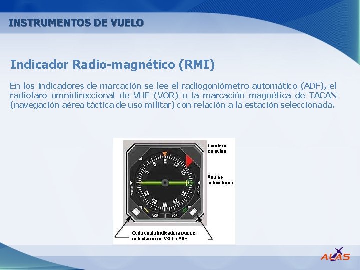 INSTRUMENTOS DE VUELO Indicador Radio magnético (RMI) En los indicadores de marcación se lee