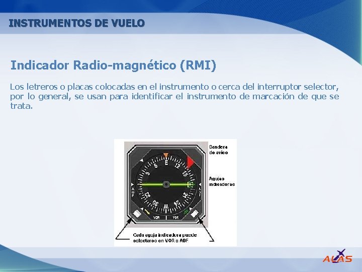 INSTRUMENTOS DE VUELO Indicador Radio magnético (RMI) Los letreros o placas colocadas en el