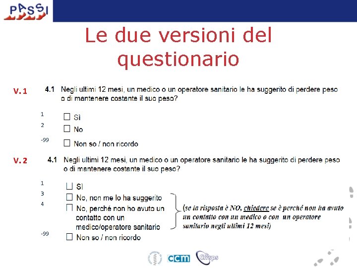 Le due versioni del questionario V. 1 1 2 -99 V. 2 1 3