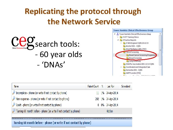 Replicating the protocol through the Network Service search tools: - 60 year olds -