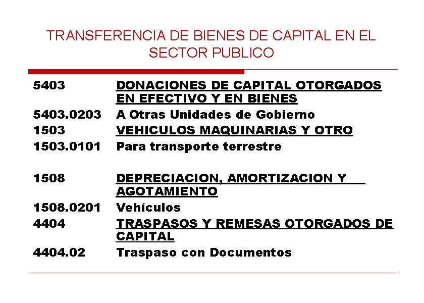 TRANSFERENCIA DE BIENES DE CAPITAL EN EL SECTOR PUBLICO 5403. 0203 1503. 0101 1508.