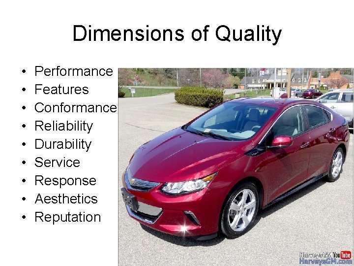 Dimensions of Quality • • • Performance Features Conformance Reliability Durability Service Response Aesthetics