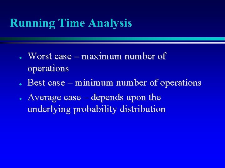 Running Time Analysis ● ● ● Worst case – maximum number of operations Best Running Time Analysis ● ● ● Worst case – maximum number of operations Best