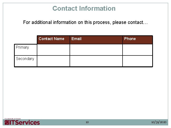 Contact Information For additional information on this process, please contact… Contact Name Email Phone