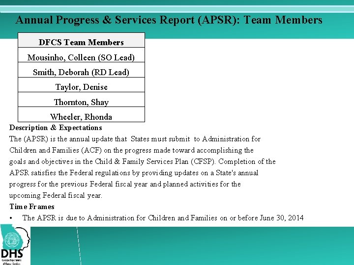 Annual Progress & Services Report (APSR): Team Members DFCS Team Members Mousinho, Colleen (SO