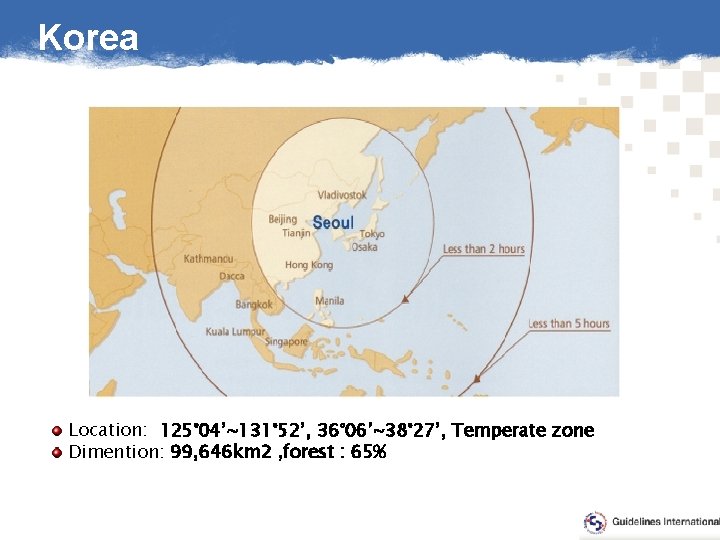 Korea Location: 125° 04’~131° 52’, 36° 06’~38° 27’, Temperate zone Dimention: 99, 646 km