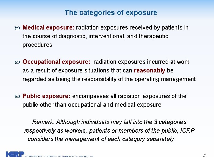 The categories of exposure Medical exposure: radiation exposures received by patients in the course