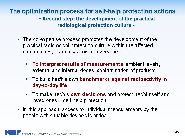The optimization process for self-help protection actions - Second step: the development of the