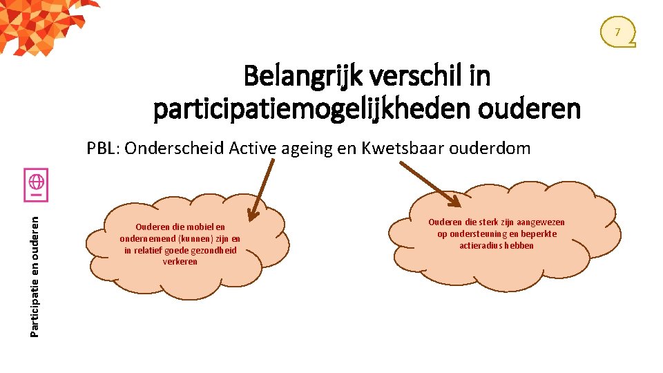 7 Belangrijk verschil in participatiemogelijkheden ouderen Participatie en ouderen PBL: Onderscheid Active ageing en