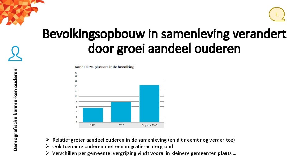 1 Demografische kenmerken ouderen Bevolkingsopbouw in samenleving verandert door groei aandeel ouderen Ø Relatief