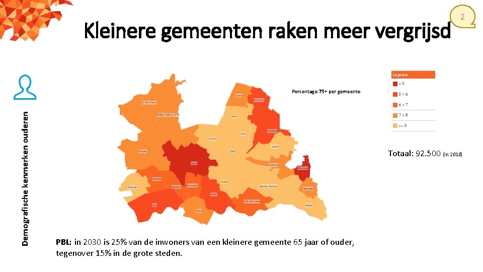 Kleinere gemeenten raken meer vergrijsd 2 Demografische kenmerken ouderen Percentage 75+ per gemeente Totaal: