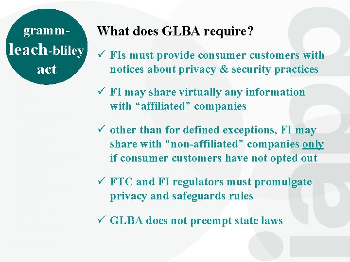 gramm. What does GLBA require? leach-bliley ü FIs must provide consumer customers with act