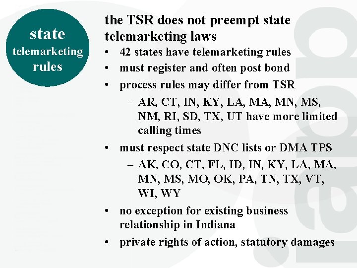 state telemarketing rules the TSR does not preempt state telemarketing laws • 42 states