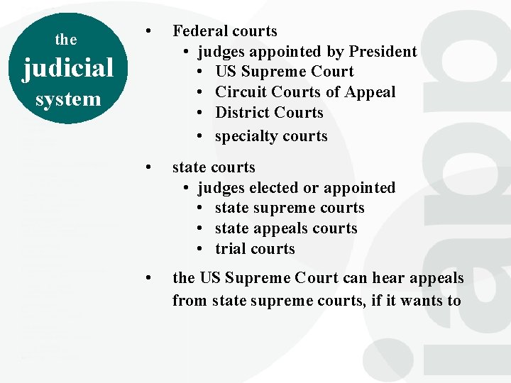 the • Federal courts • judges appointed by President • US Supreme Court •