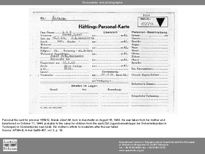Documents and photographs Personal file card for prisoner 155912, Marek Józef Alf, born in