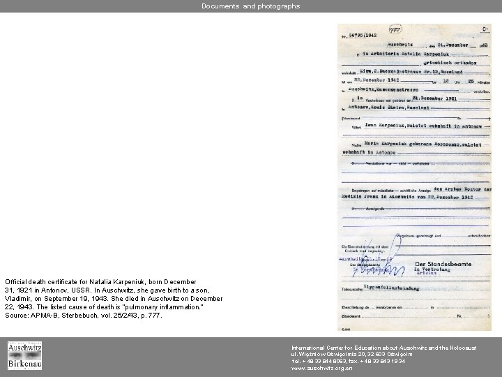Documents and photographs Official death certificate for Natalia Karpeniuk, born December 31, 1921 in