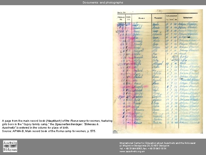 Documents and photographs A page from the main record book (Hauptbuch) of the Roma
