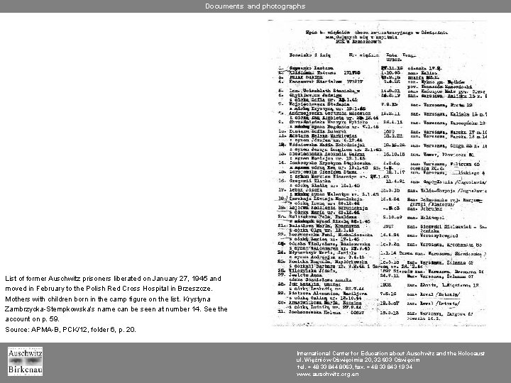 Documents and photographs List of former Auschwitz prisoners liberated on January 27, 1945 and