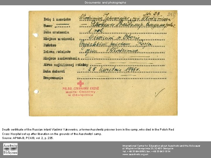 Documents and photographs Death certificate of the Russian infant Vladimir Yakovenko, a former Auschwitz