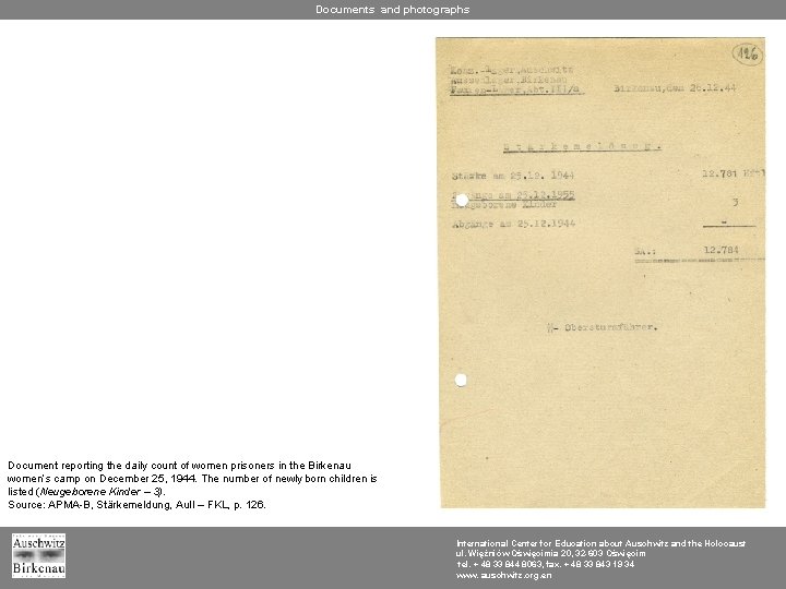 Documents and photographs Document reporting the daily count of women prisoners in the Birkenau