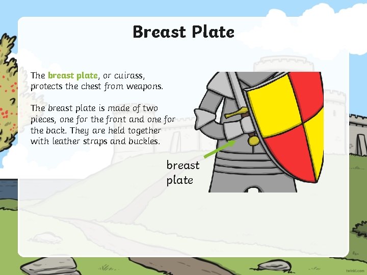 Breast Plate The breast plate, or cuirass, protects the chest from weapons. The breast