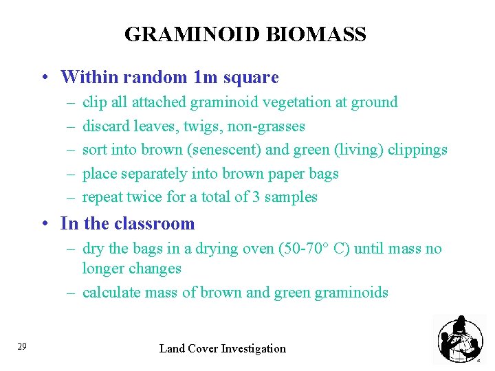 GRAMINOID BIOMASS • Within random 1 m square – – – clip all attached