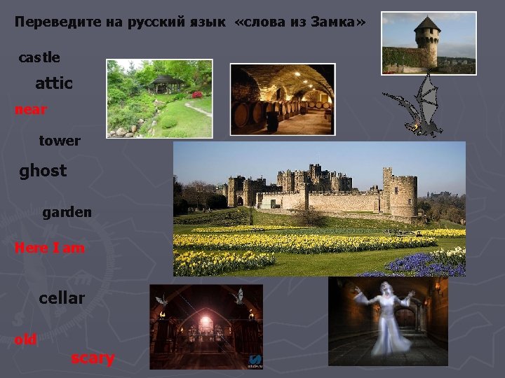 Переведите на русский язык «слова из Замка» castle attic near tower ghost garden Here