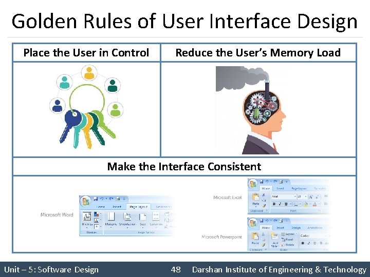 Golden Rules of User Interface Design Place the User in Control Reduce the User’s