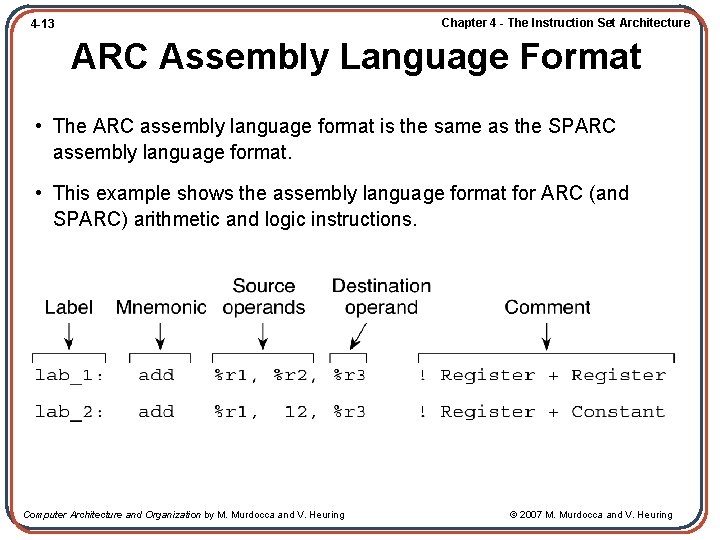 Chapter 4 - The Instruction Set Architecture 4 -13 ARC Assembly Language Format •
