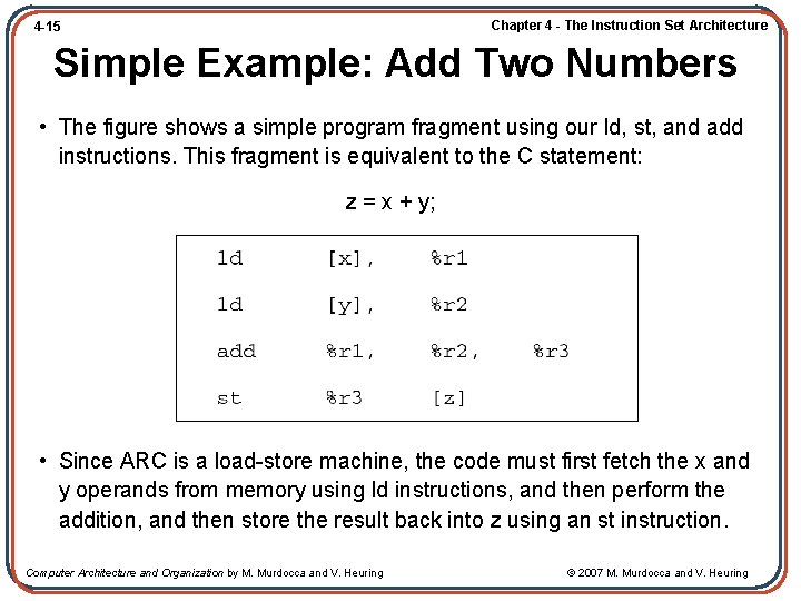 Chapter 4 - The Instruction Set Architecture 4 -15 Simple Example: Add Two Numbers