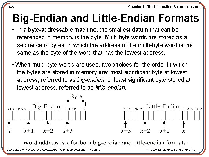 4 -6 Chapter 4 - The Instruction Set Architecture Big-Endian and Little-Endian Formats •