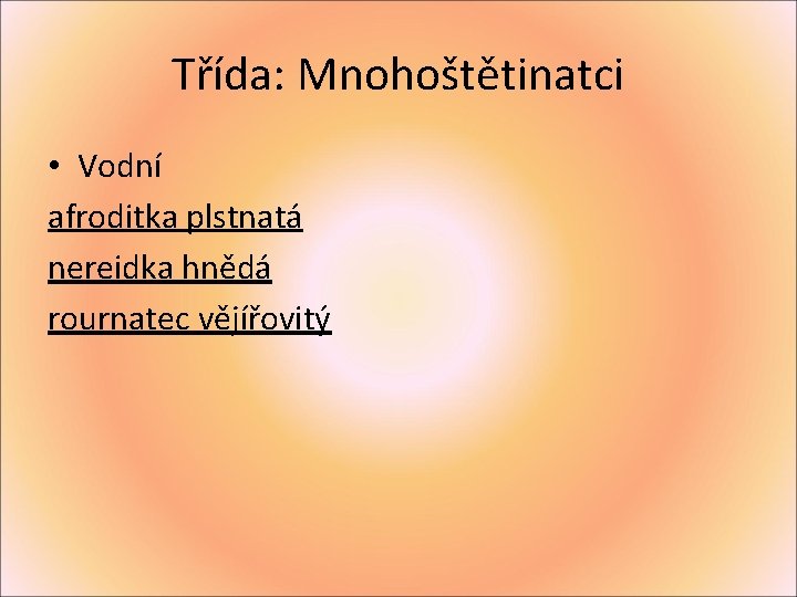 Třída: Mnohoštětinatci • Vodní afroditka plstnatá nereidka hnědá rournatec vějířovitý 