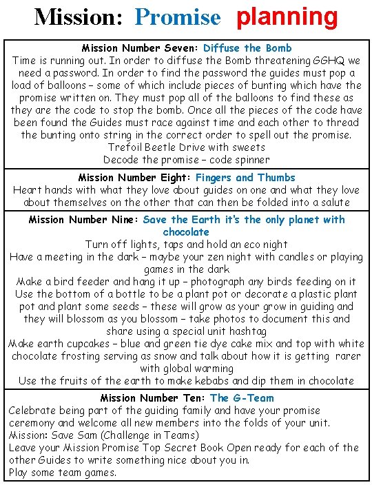 Mission: Promise planning Mission Number Seven: Diffuse the Bomb Time is running out. In