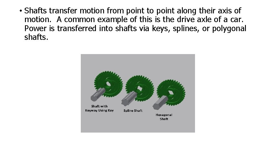 • Shafts transfer motion from point to point along their axis of motion. • Shafts transfer motion from point to point along their axis of motion.