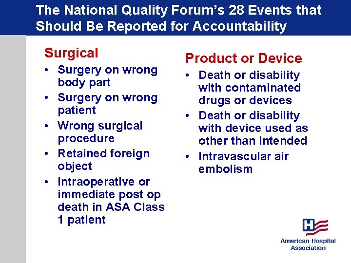 The National Quality Forum’s 28 Events that Should Be Reported for Accountability Surgical •