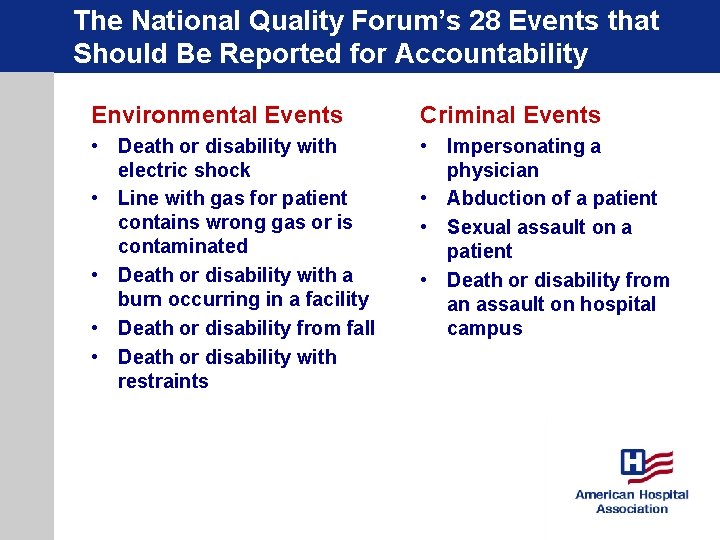 The National Quality Forum’s 28 Events that Should Be Reported for Accountability Environmental Events