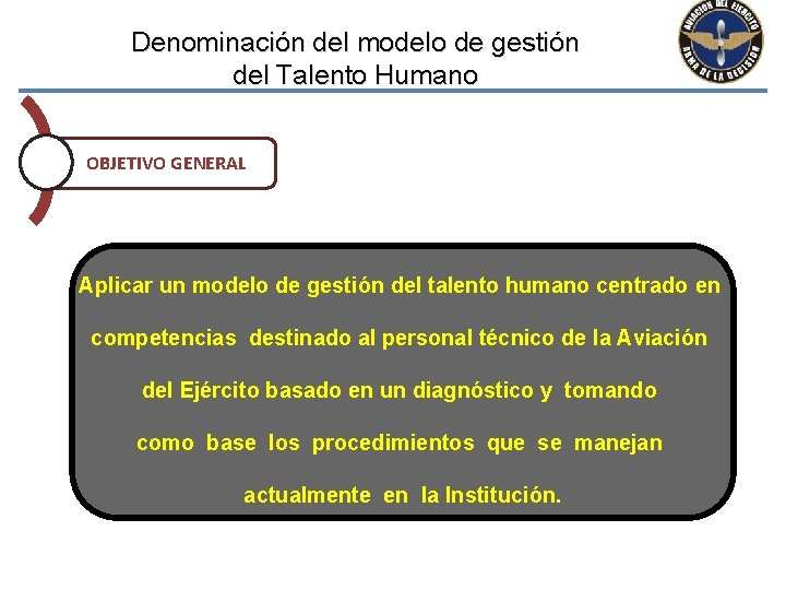 Denominación del modelo de gestión del Talento Humano OBJETIVO GENERAL Aplicar un modelo de