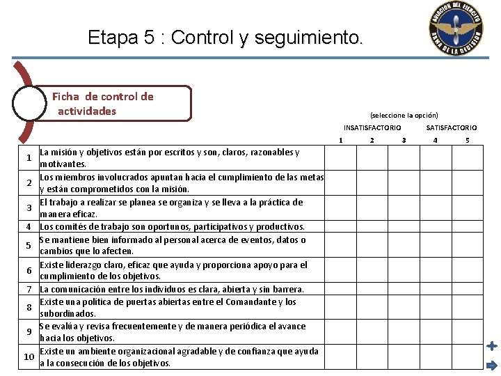 Etapa 5 : Control y seguimiento. Ficha de control de actividades (seleccione la opción)