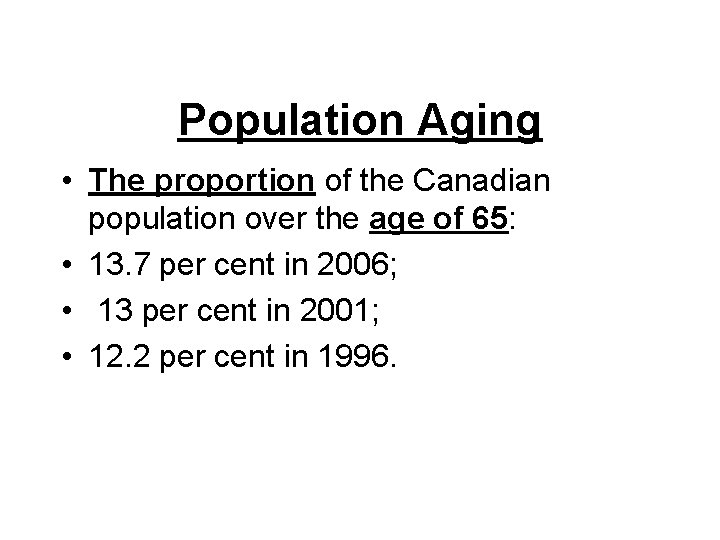  Population Aging • The proportion of the Canadian population over the age of