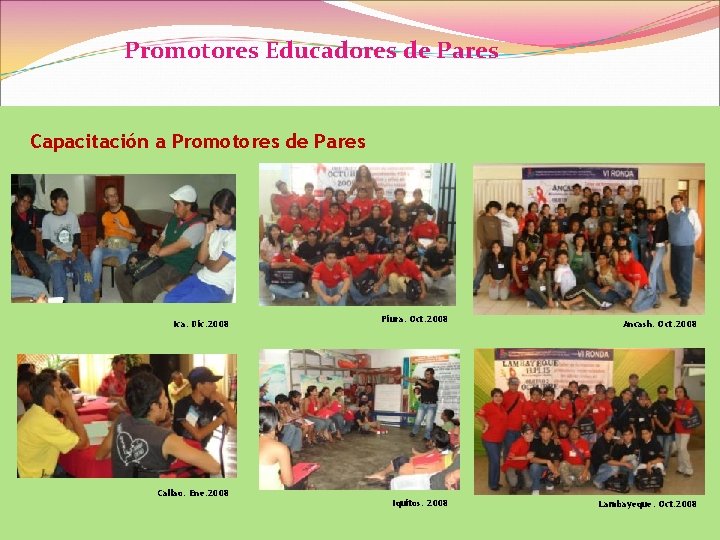 Promotores Educadores de Pares Capacitación a Promotores de Pares Ica. Dic. 2008 Callao. Ene.