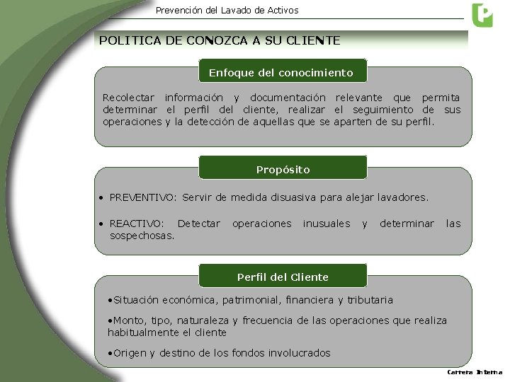 Prevención del Lavado de Activos POLITICA DE CONOZCA A SU CLIENTE Enfoque del conocimiento Prevención del Lavado de Activos POLITICA DE CONOZCA A SU CLIENTE Enfoque del conocimiento