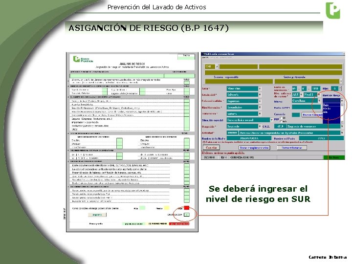 Prevención del Lavado de Activos ASIGANCIÓN DE RIESGO (B. P 1647) Se deberá ingresar Prevención del Lavado de Activos ASIGANCIÓN DE RIESGO (B. P 1647) Se deberá ingresar