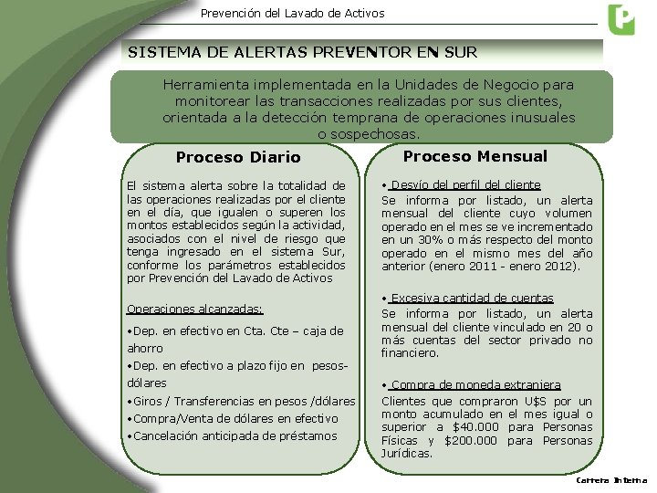 Prevención del Lavado de Activos SISTEMA DE ALERTAS PREVENTOR EN SUR Herramienta implementada en Prevención del Lavado de Activos SISTEMA DE ALERTAS PREVENTOR EN SUR Herramienta implementada en
